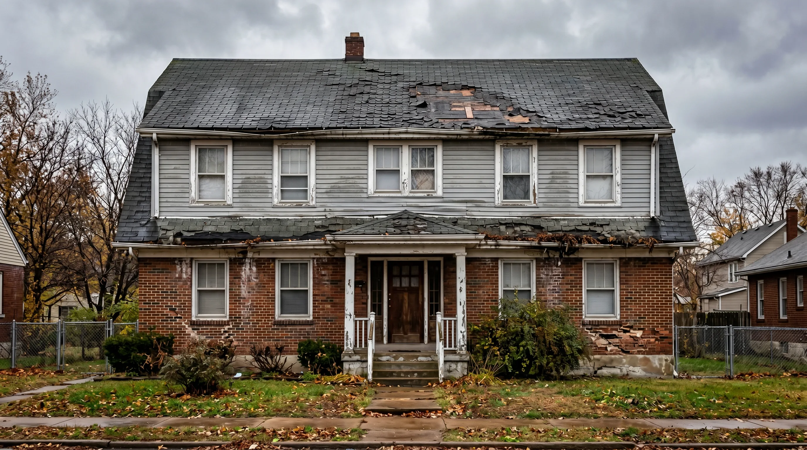 Weathered full home exterior before Sanchez Construction transformation