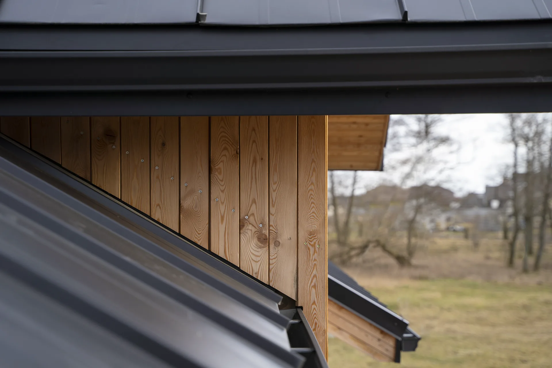 Close view of standing seam metal roof and warm wood soffit detail