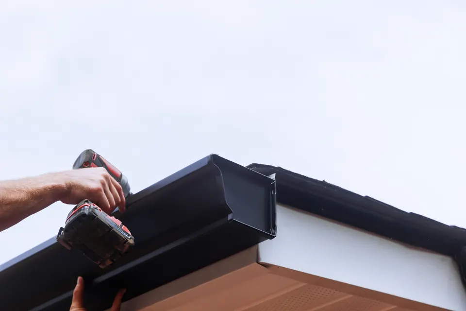 Gutter and roofline detail on a residential exterior